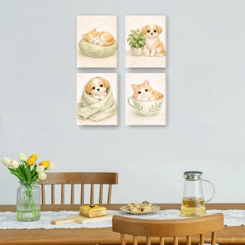 4 Mini Paintings - Cute Dog & Cat Set - Image 2