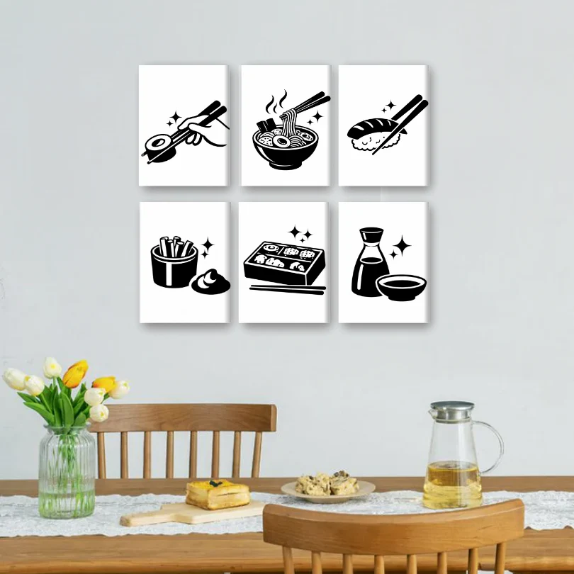 6 Mini Paintings - Black & White Sushi Set - Image 2