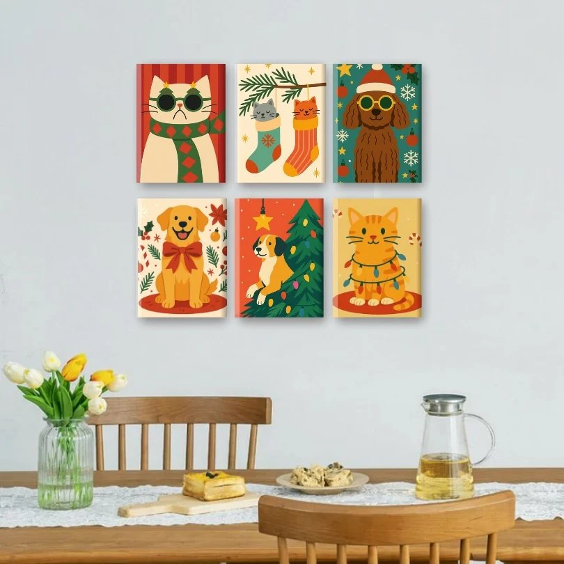 6 Mini Paintings - Cats & Dogs Christmas Set - Image 2