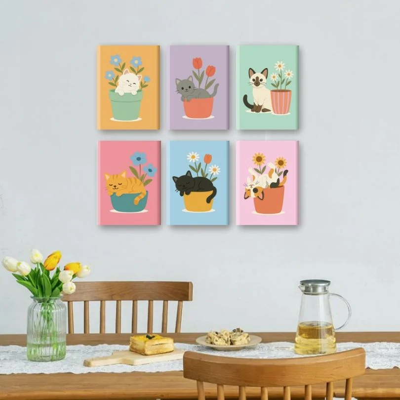 6 Mini Paintings -  Cats & Flowers Set - Image 2