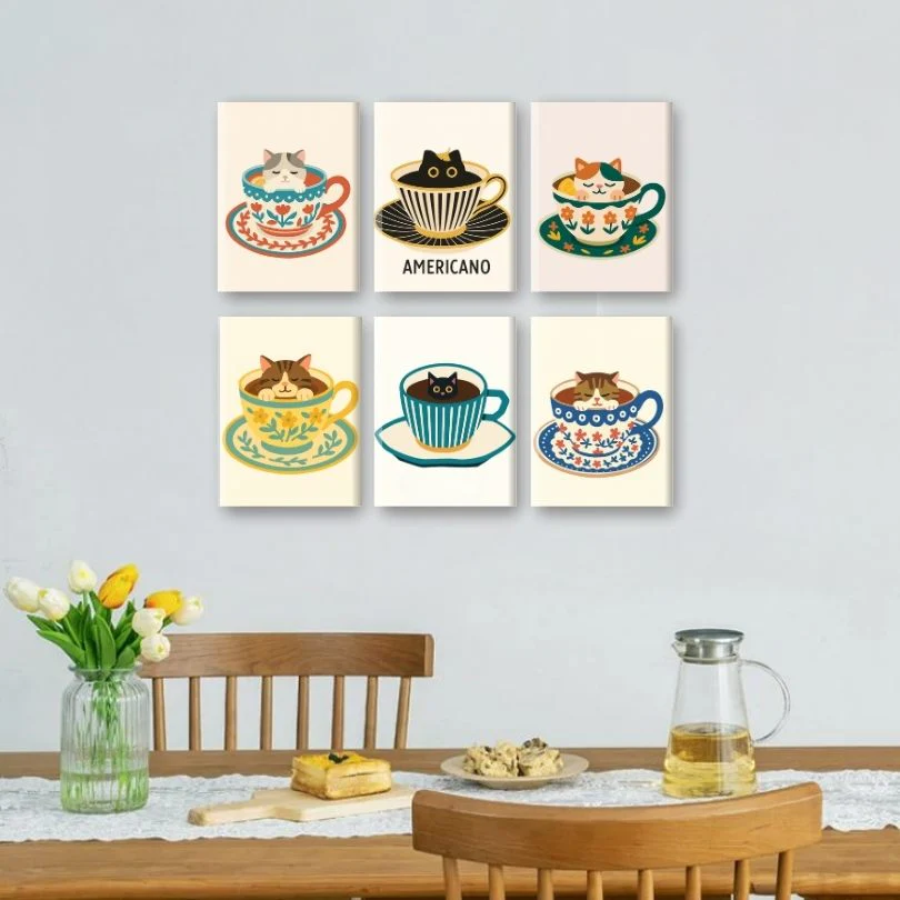 6 Mini Paintings - Cats in Coffee Cups Set - Image 2