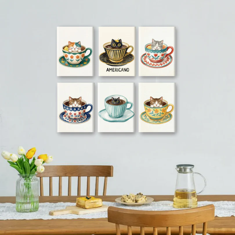 6 Mini Paintings - Cats in Cups Set - Image 2