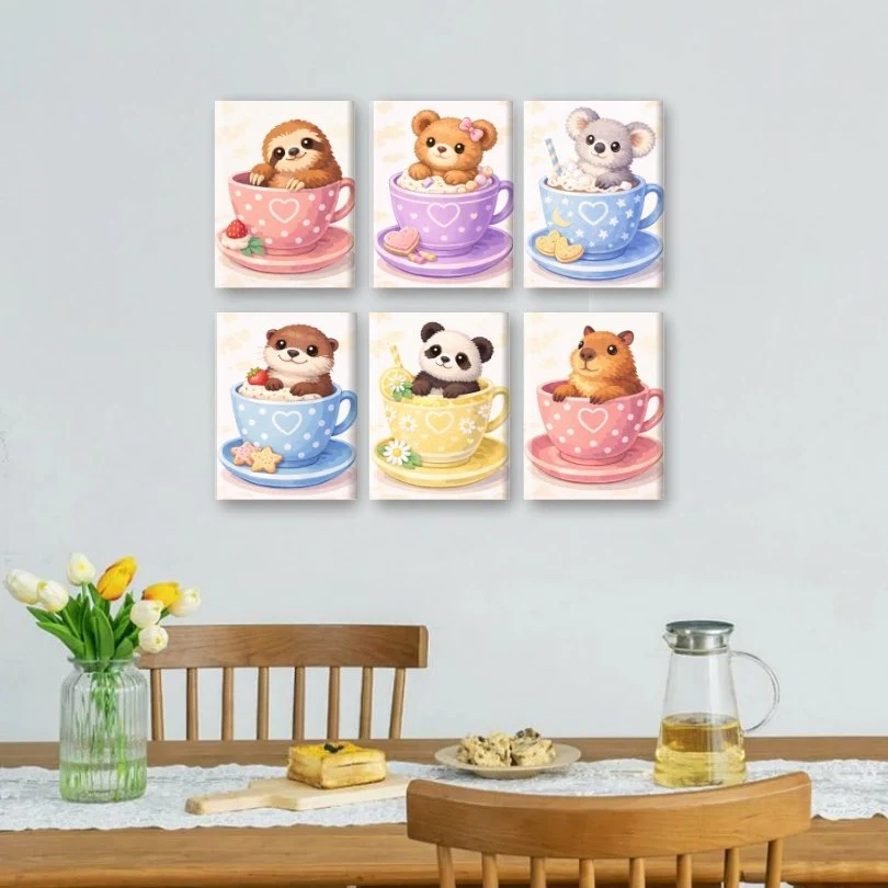 6 Mini Paintings - Cute Animals In Cups Set - Image 2