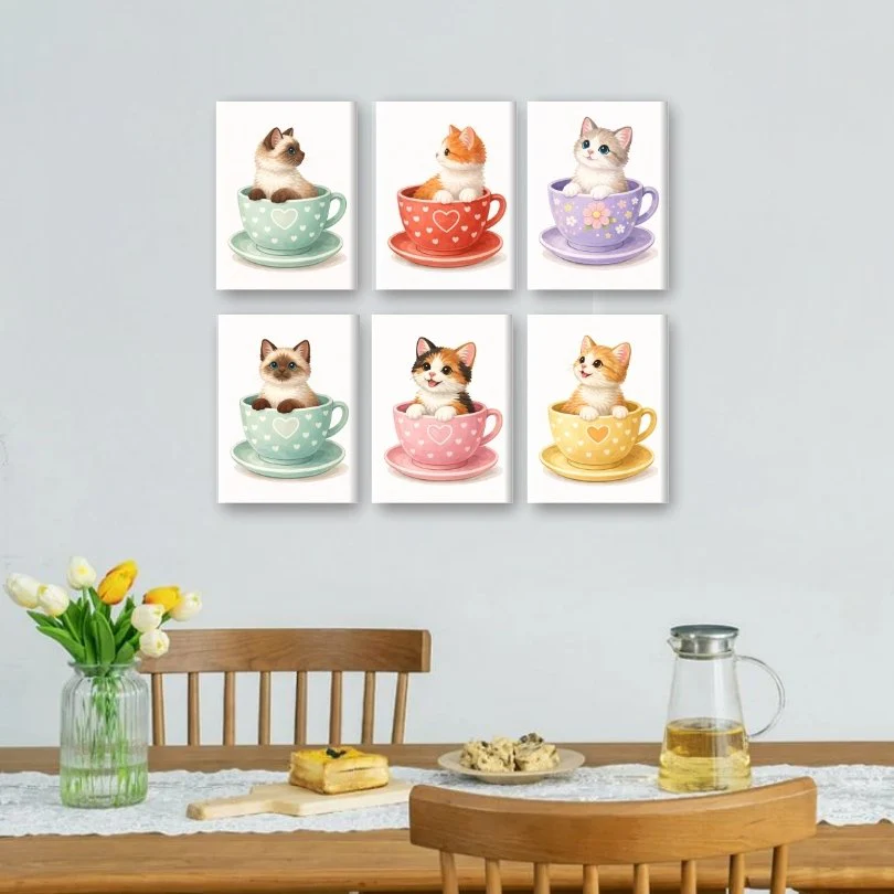 6 Mini Paintings - Cute Cats in Cups Set - Image 2