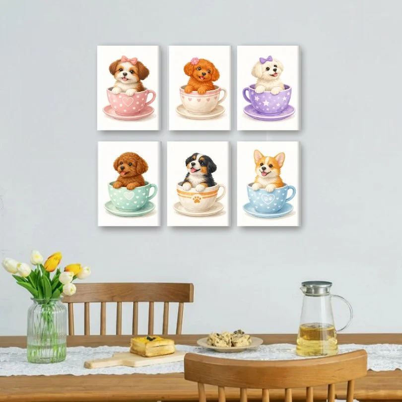 6 Mini Paintings - Cute Dogs in Cups Set - Image 2