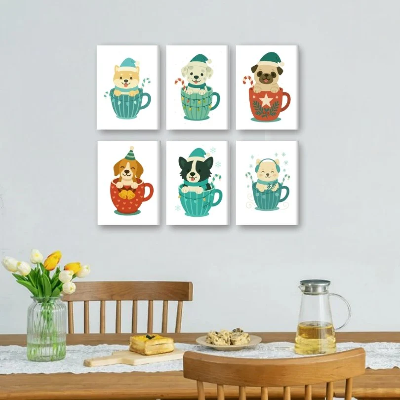 6 Mini Paintings - Dogs in Christmas Cups Set - Image 2