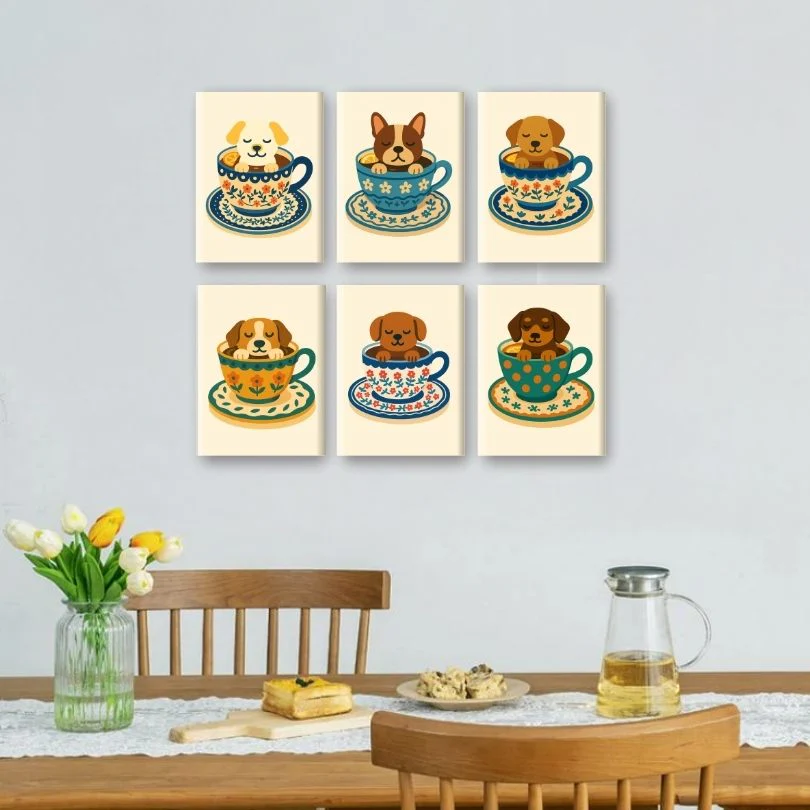6 Mini Paintings - Dogs in Coffee Cups Set - Image 2