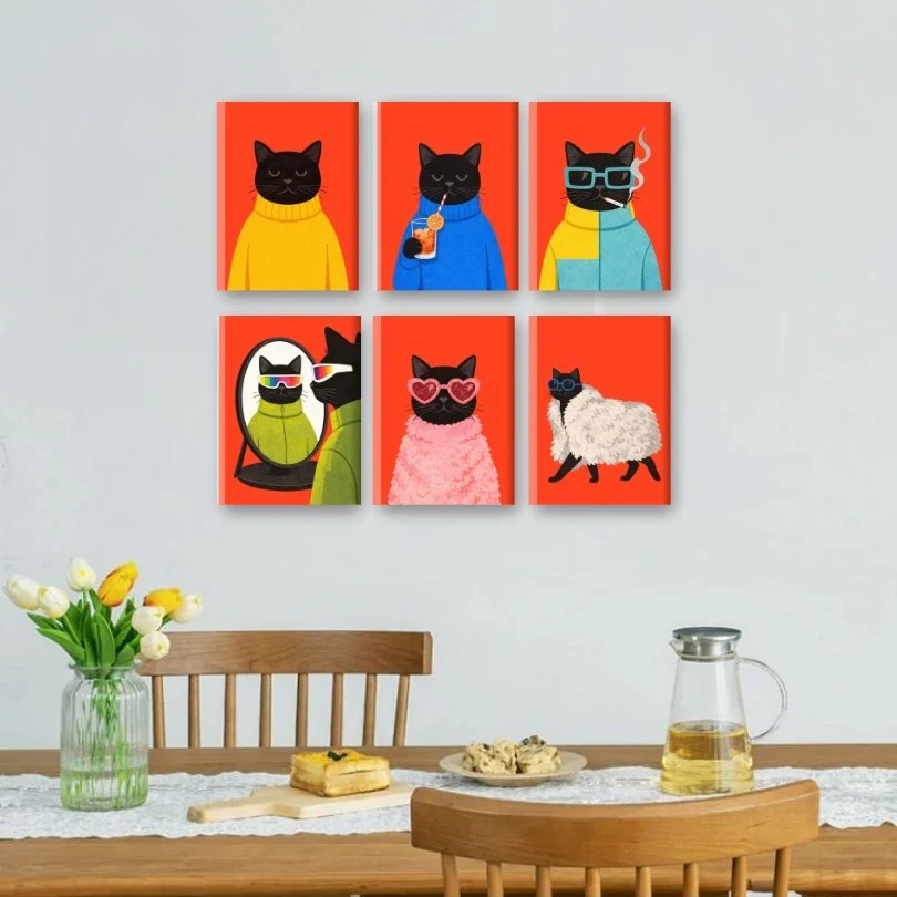 6 Mini Paintings - Elegant Black Cat Set - Image 2