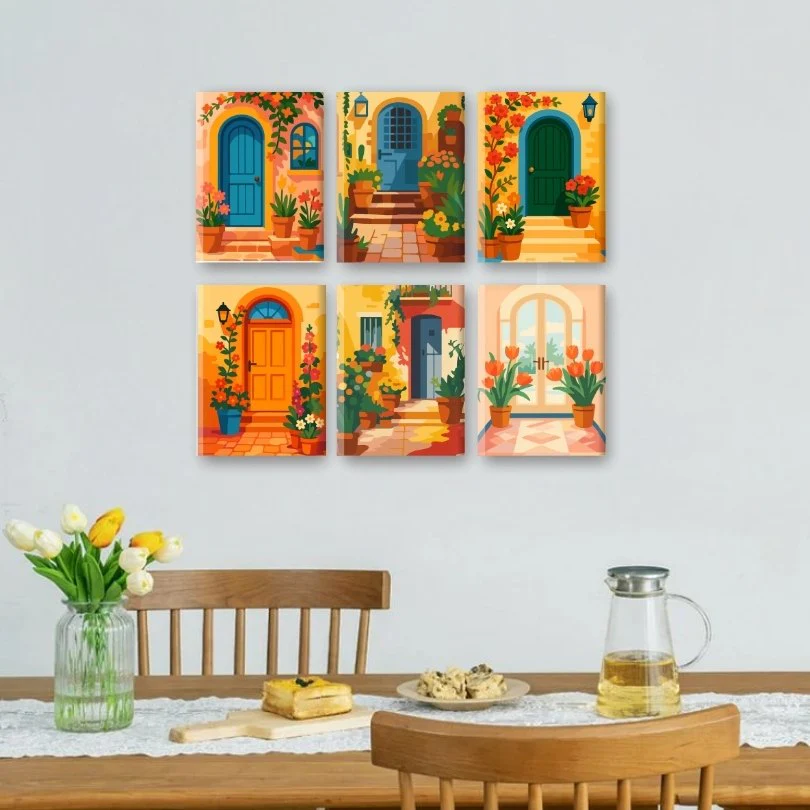 6 Mini Paintings - Flowers & Doors Set - Image 2
