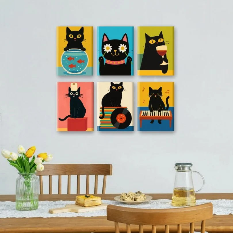 6 Mini Paintings - Funny Black Cat Set - Image 2