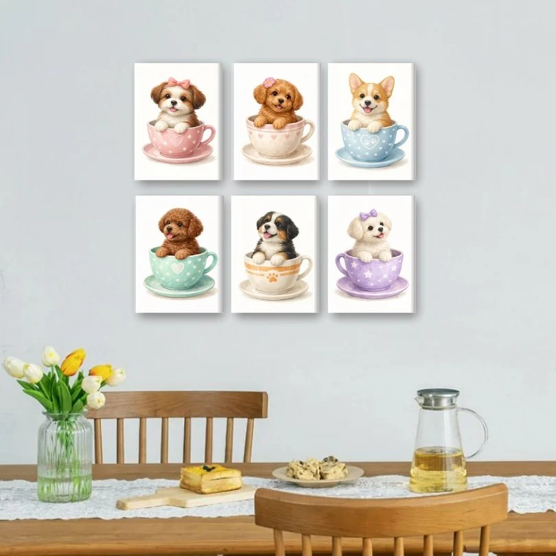 6 Mini Paintings - Puppies in Cups Set - Image 2