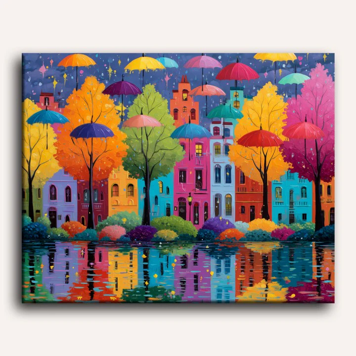 Colorful Buildings & Umbrellas | Paint by Number - Image 2