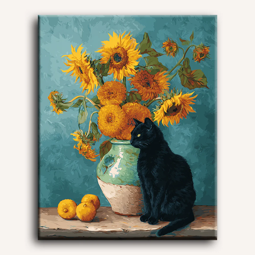 Famous sunflowers and a black cat | Paint by Number - Image 2