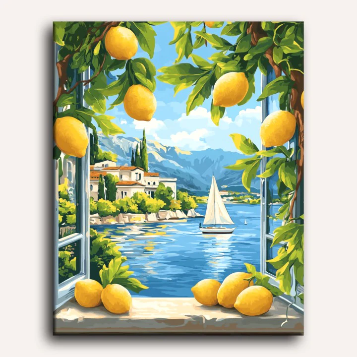 Lemons & Italian Lake View | Paint by Number - Image 2