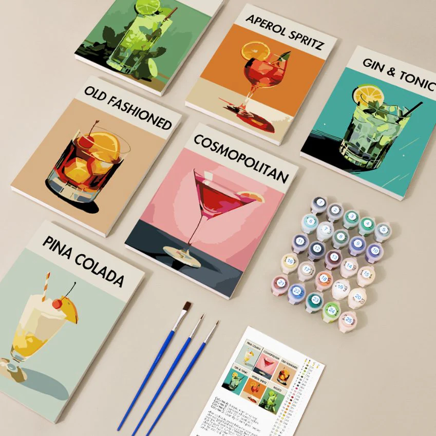 Sip & Paint Cocktail Set – 6 Mini Paint-by-Numbers + 6 Easels - Image 5