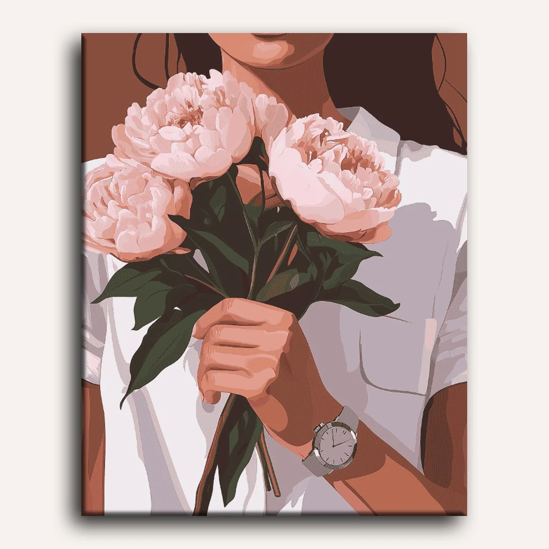 Woman holding Peonies | Paint by Numbers - Image 2
